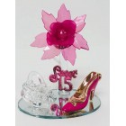 Mis Quince Anos Sweet 15 Fuchsia Acrylic Flower with High Heel Shoe Favor and Purse Gift Keepsake